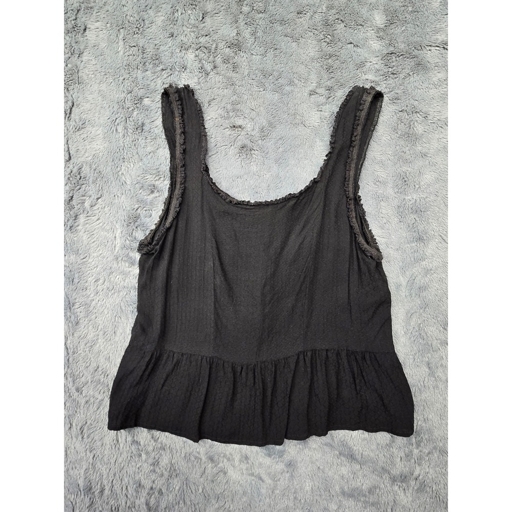 ModCloth Black Peplum Button Front Tank Top Crochet Trim Rayon Large - Picture 2 of 7